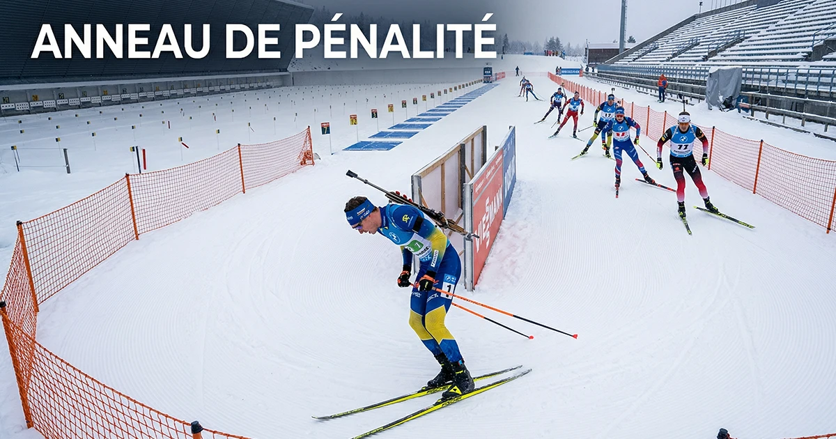 Biathlète entrant dans l'anneau de pénalité après une faute au tir sur un circuit enneigé