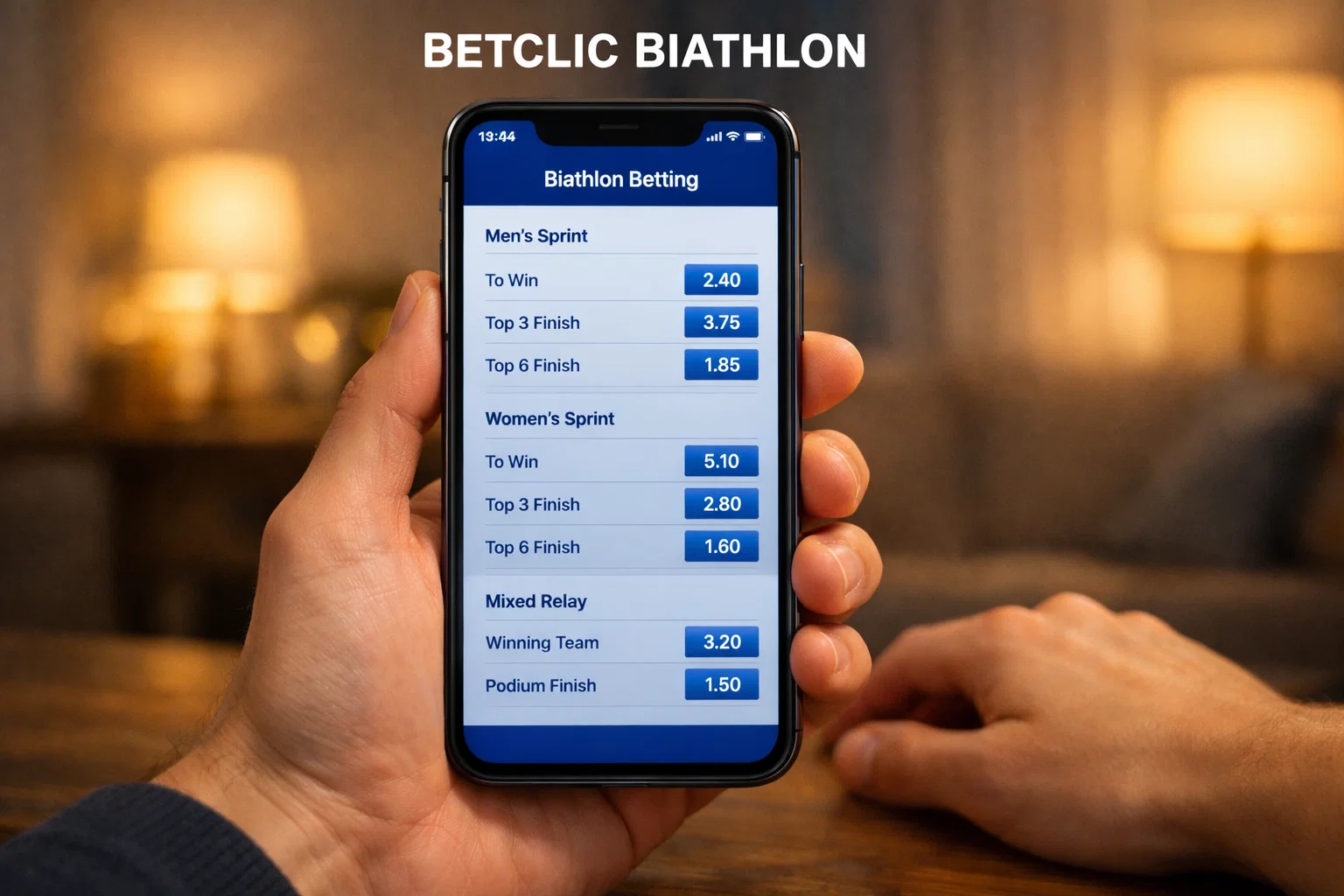 Smartphone affichant une application de paris sportifs biathlon avec cotes décimales sur fond bleu