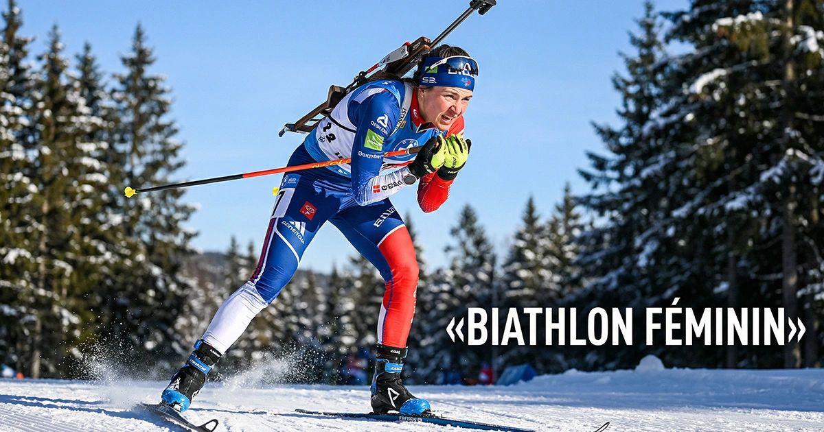 Biathlète féminine en plein effort sur une piste de ski de fond enneigée avec carabine dans le dos