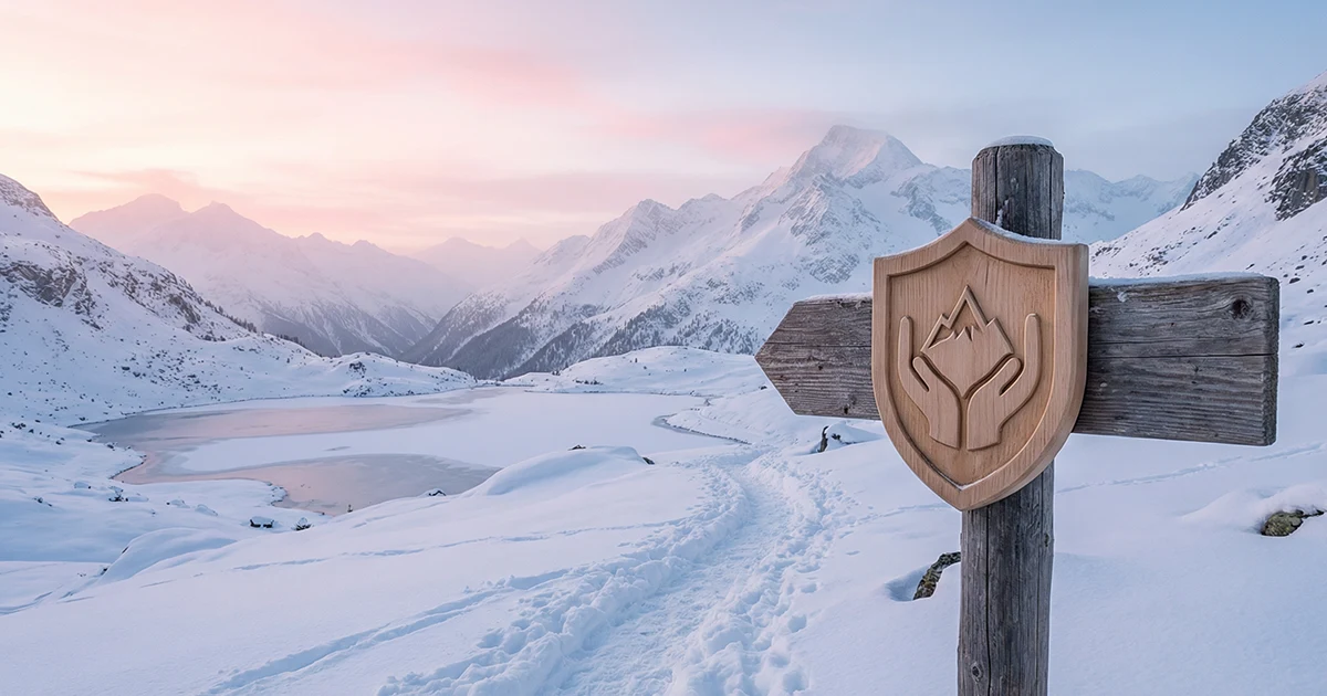Symbole de protection et équilibre avec un bouclier sur fond de paysage hivernal de biathlon