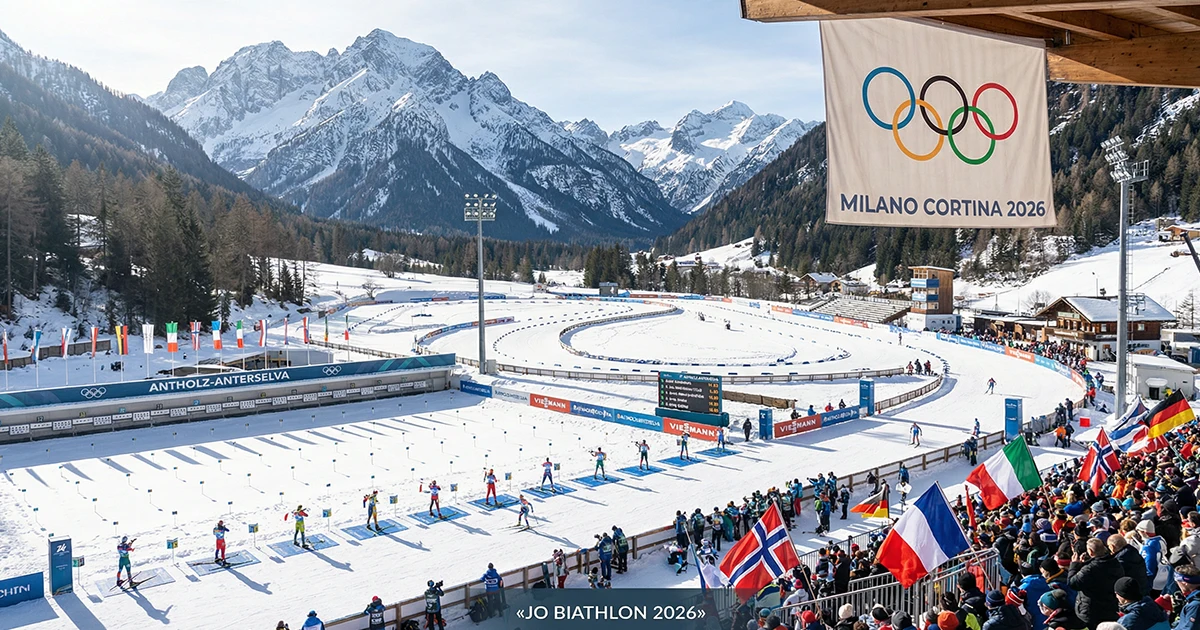 Stade de biathlon olympique avec anneaux olympiques et piste enneigée prête pour les JO 2026 de Milan-Cortina
