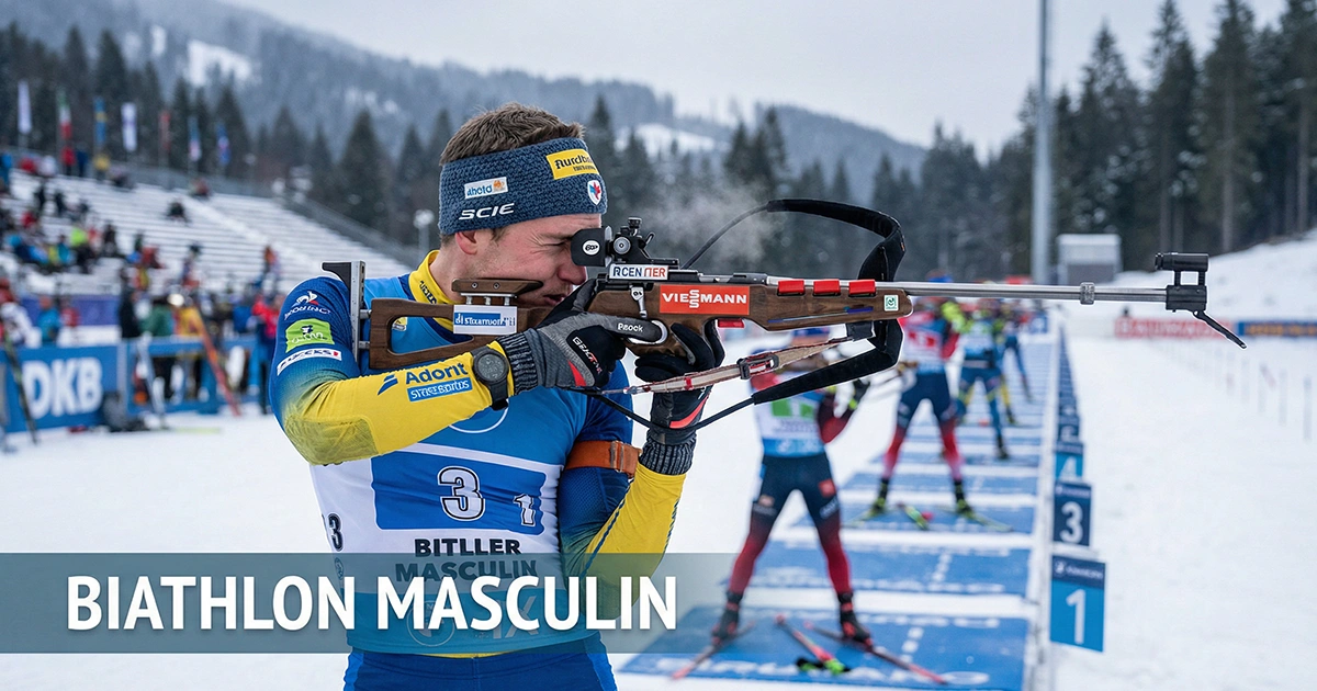 Biathlète masculin en position de tir debout concentré sur un pas de tir enneigé de Coupe du monde