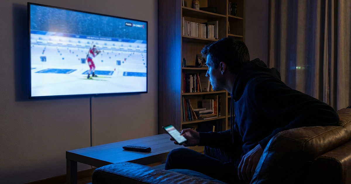 Spectateur regardant une course de biathlon en direct sur un grand écran avec cotes de paris en temps réel