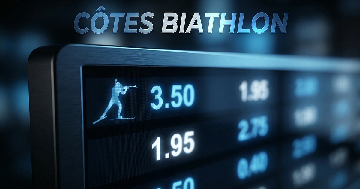 Gros plan sur un tableau de cotes de paris sportifs biathlon avec des chiffres décimaux lumineux