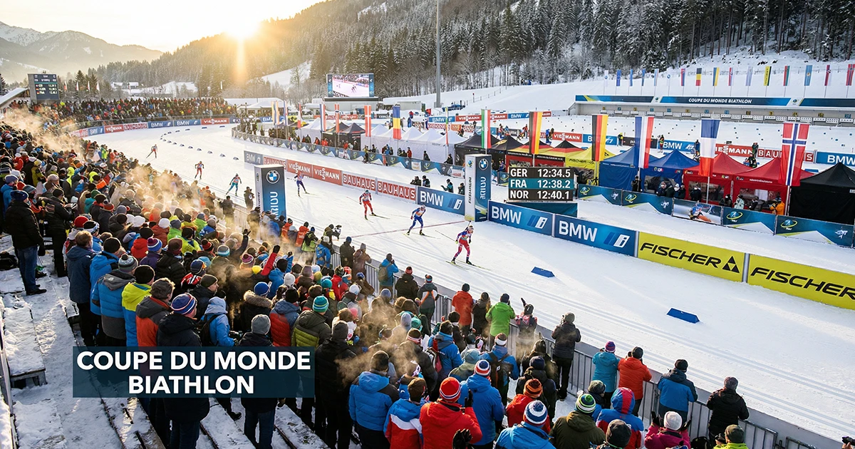 Stade de biathlon en Coupe du monde avec tribunes de spectateurs et piste de ski de fond enneigée