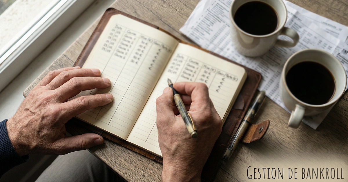 Personne organisant ses notes de paris biathlon dans un carnet avec un stylo et des symboles monétaires