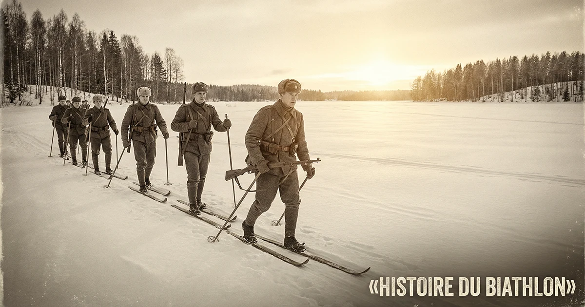 Illustration historique de soldats scandinaves en ski avec des fusils dans un paysage enneigé ancien