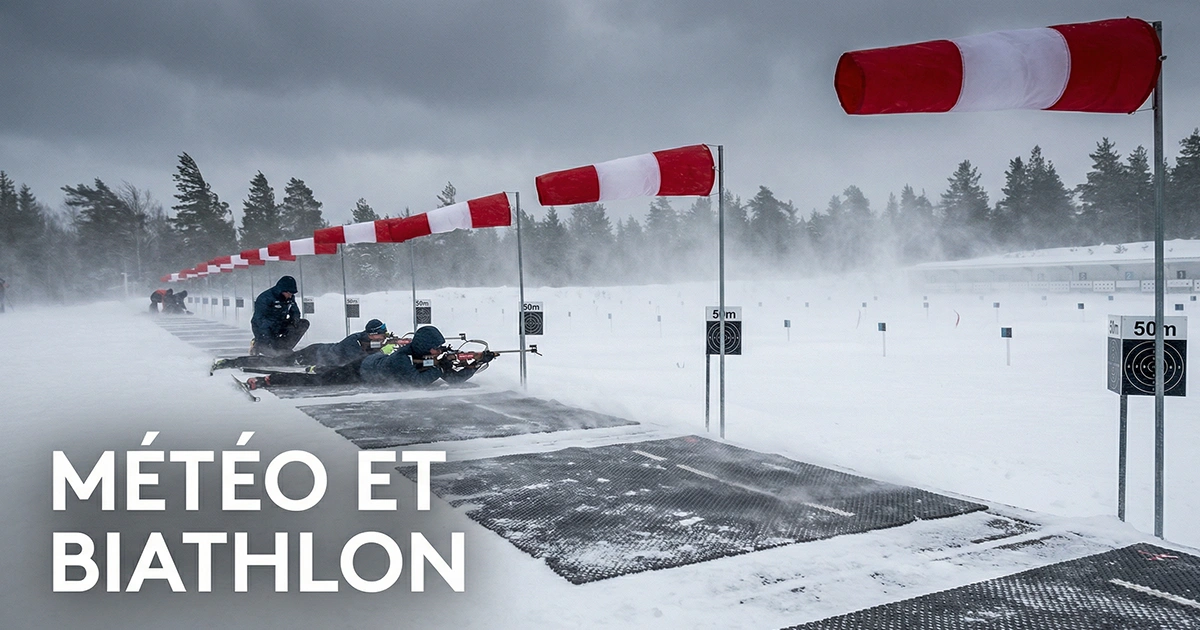 Pas de tir biathlon sous le vent avec drapeaux agités et neige soufflée sur un champ de tir hivernal