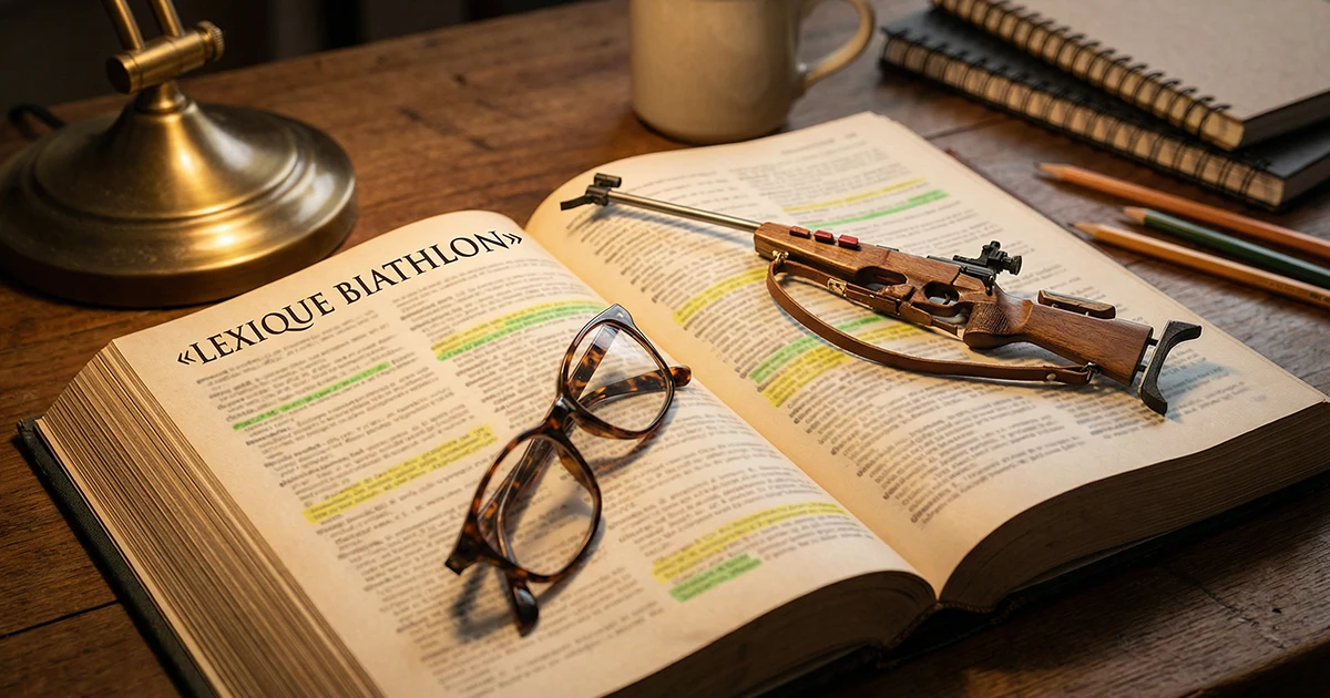 Livre ouvert sur un bureau avec des termes de biathlon et une carabine miniature décorative
