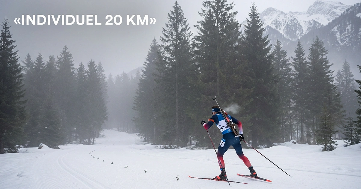 Biathlète solitaire en ski de fond sur un long parcours enneigé en montagne lors de l'individuel biathlon