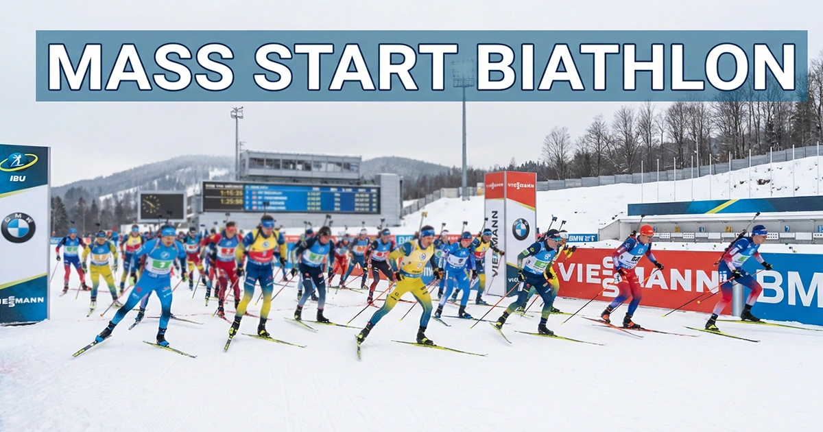Départ groupé de biathlètes en mass start biathlon sur une piste enneigée avec carabines