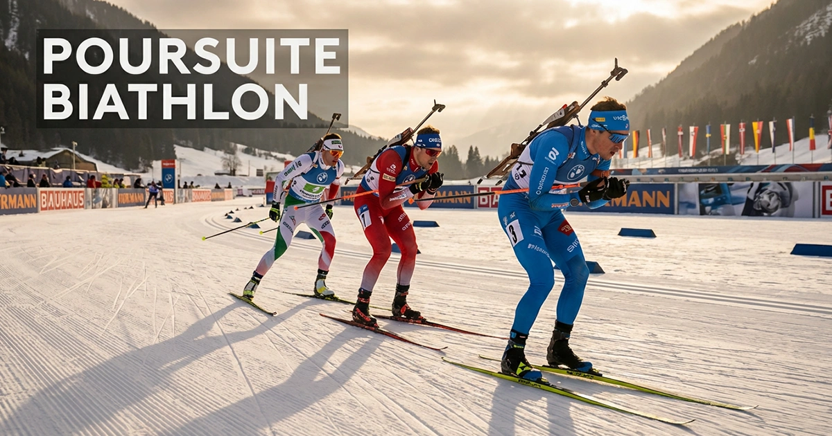 Peloton de biathlètes en poursuite sur une piste de ski de fond enneigée avec carabines dans le dos