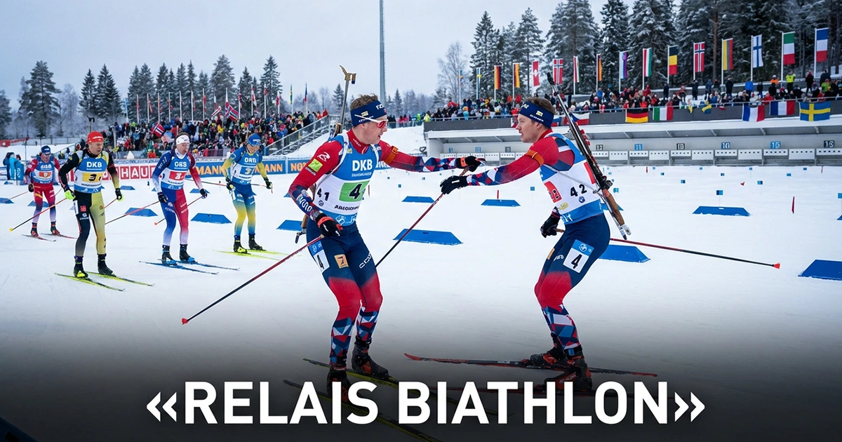 Passage de relais entre deux biathlètes sur la zone de transition lors d'un relais biathlon enneigé