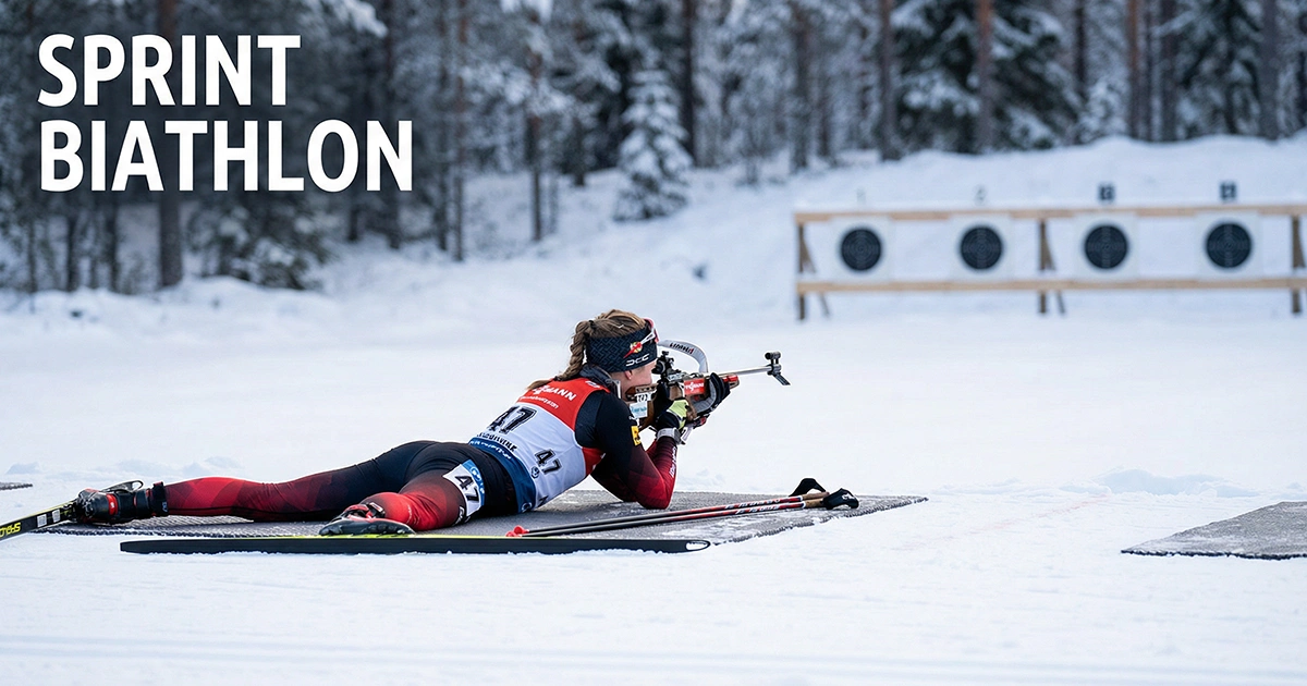 Biathlète en position de tir couché lors d'un sprint biathlon sur un pas de tir enneigé