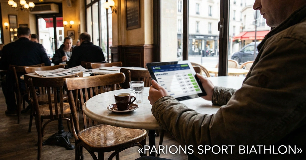 Personne consultant des paris biathlon sur tablette dans un café français avec ambiance chaleureuse