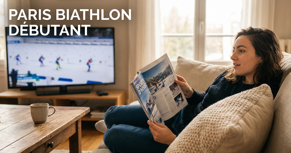 Personne découvrant le biathlon à la télévision dans un salon chaleureux avec un guide de paris ouvert