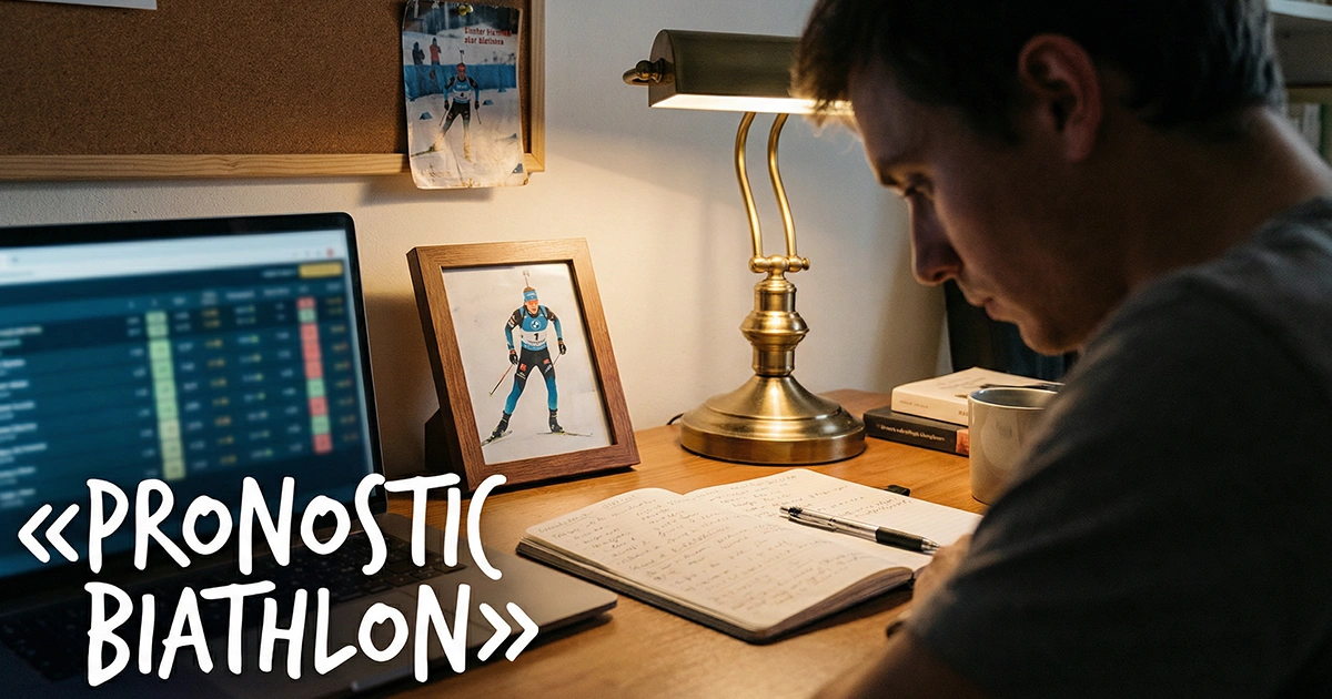 Personne analysant des statistiques de biathlon sur un écran d'ordinateur avec des données de courses