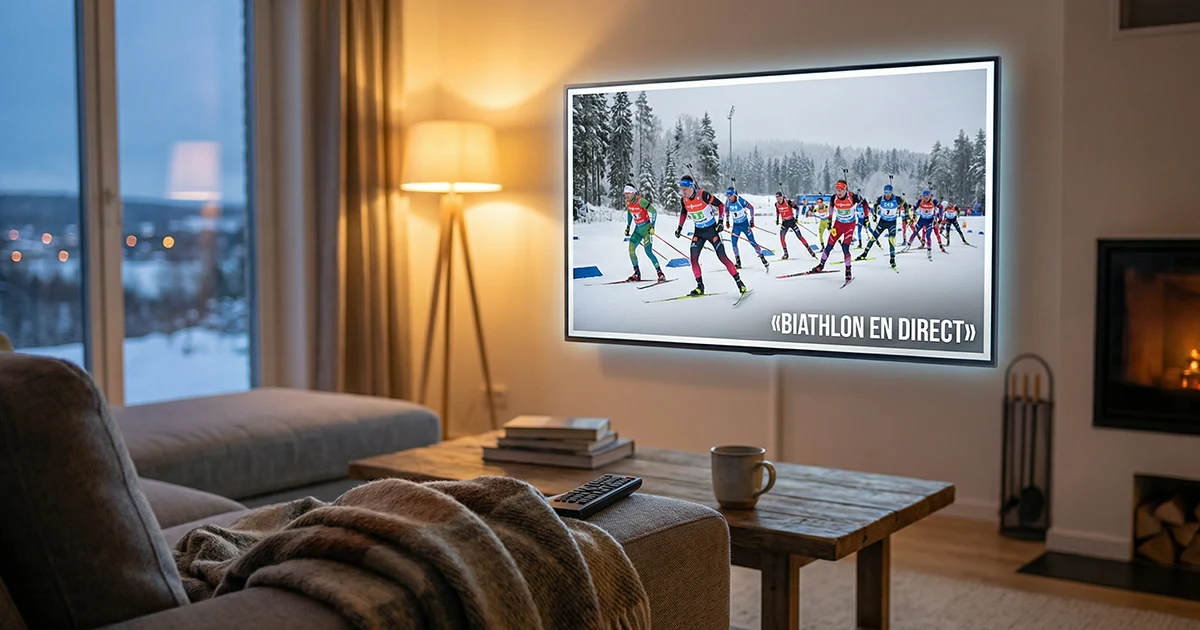 Téléviseur grand écran diffusant une course de biathlon en direct dans un salon avec ambiance sportive
