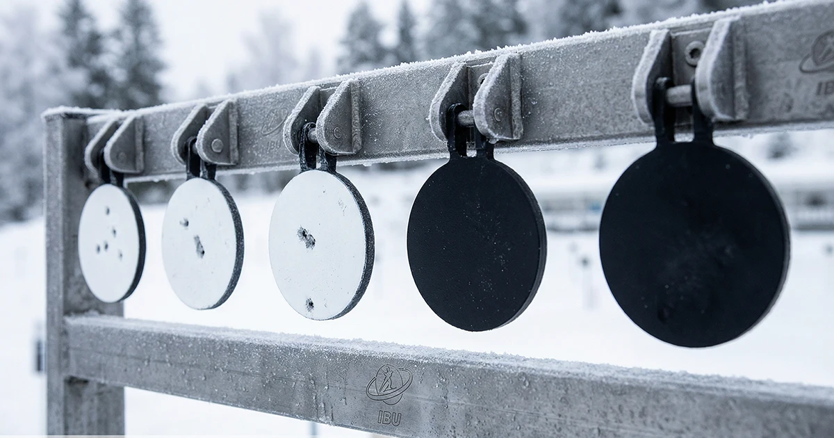 Gros plan sur les cinq cibles de biathlon avec impacts de balles sur un pas de tir enneigé