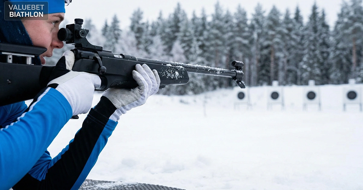 Biathlète en tir debout avec une cible en arrière-plan symbolisant la précision nécessaire pour détecter les valuebets