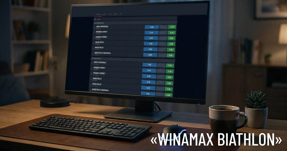 Écran d'ordinateur montrant des paris sportifs biathlon avec promotions et cotes sur fond sombre